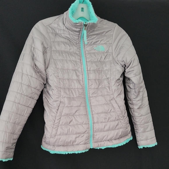 The North Face Girls Reversible Light Gray Puffer with Aqua Trim - Picture 1 of 7